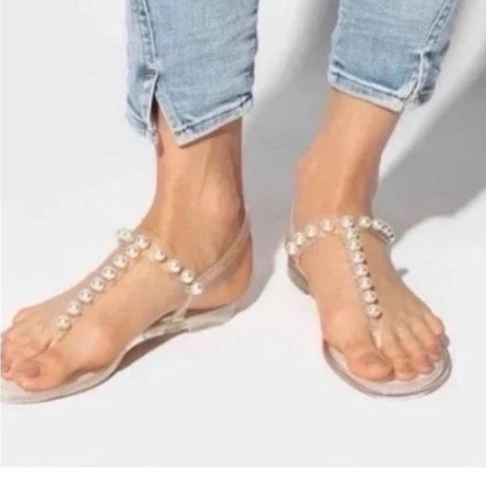 Stuart Weitzman Goldie Clear Pearl Embellished T-Strap Sandals Size 7
